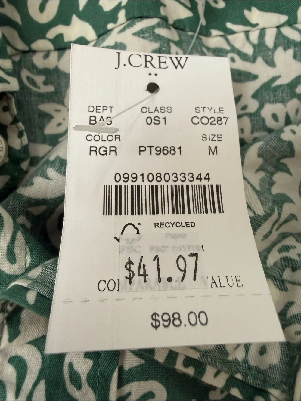 J. Crew Green and White Floral Button-Down Shirt - Men